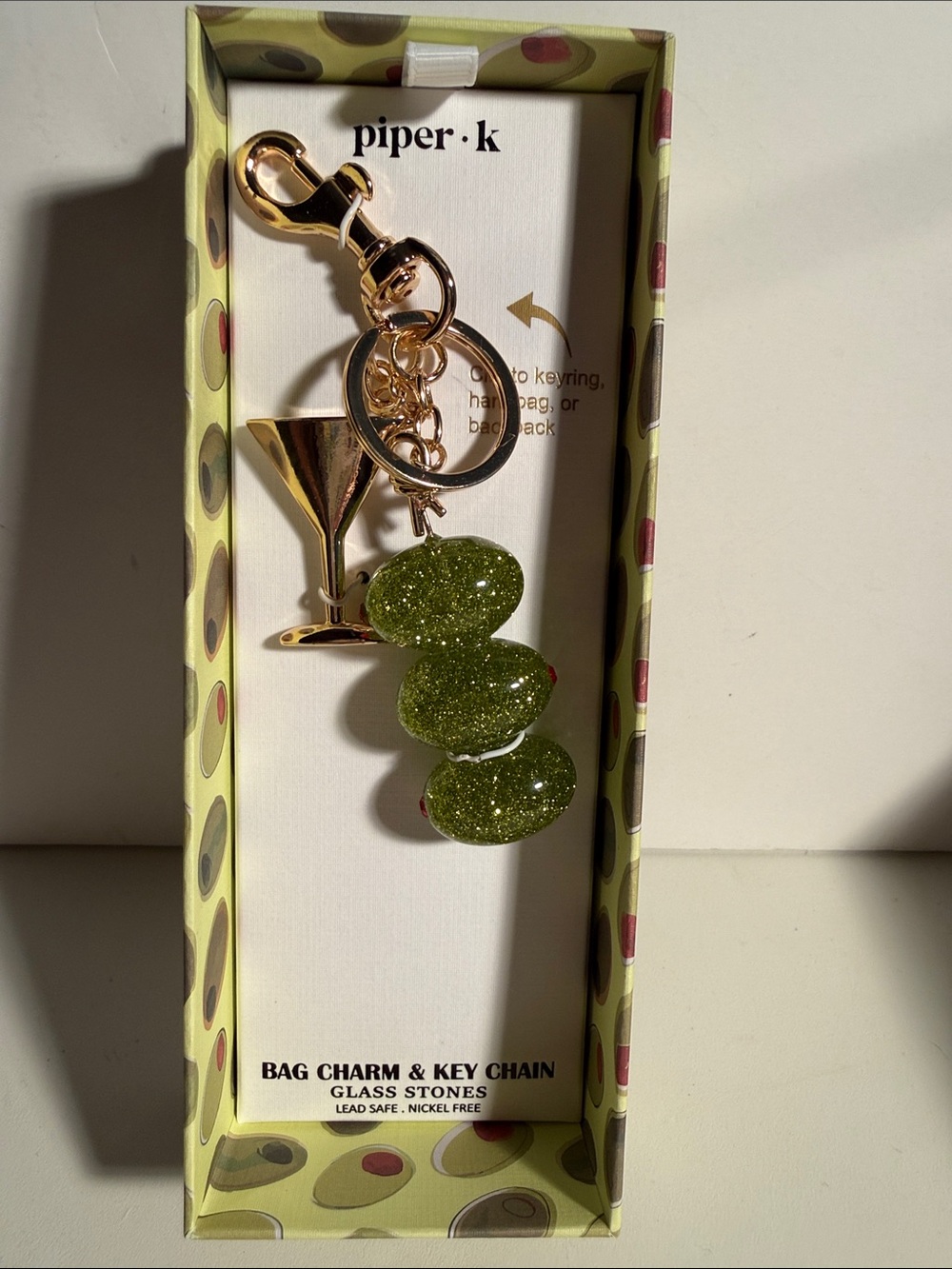 Piper Green Glitter Olive Bag Charm Key Chain with Gold Hardware
